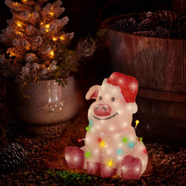 Pink Pig with Santa Hat and Fairy Lights Christmas Acrylic Figure
