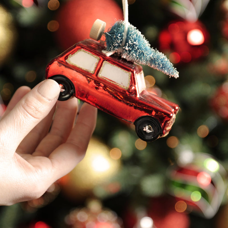 Festive Red Mini with Christmas Tree on Roof Bauble