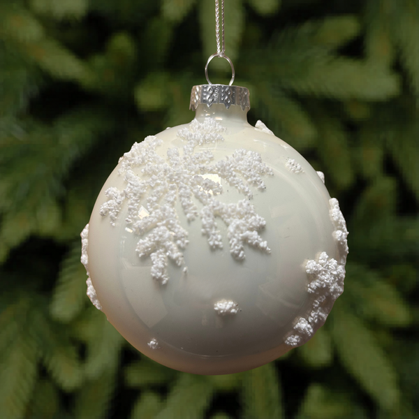 8cm White Glass Bauble with White Glitter Snowflake Tree Decoration