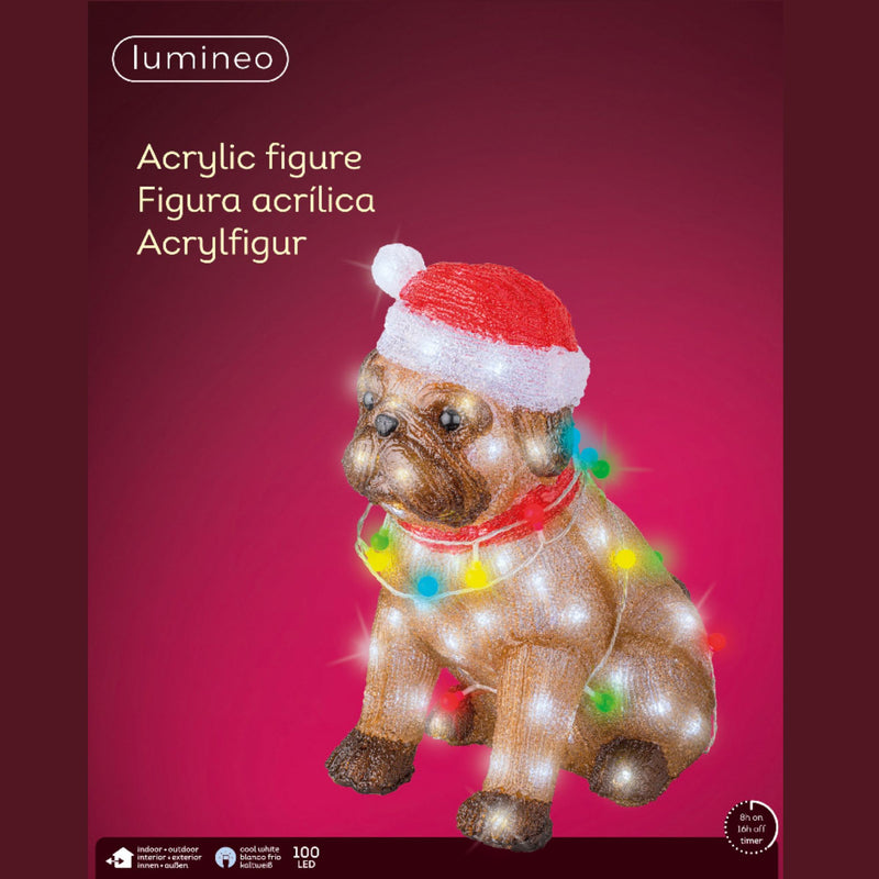 42cm Pug with Fairy Lights and Santa Hat LED Christmas Acrylic Figure