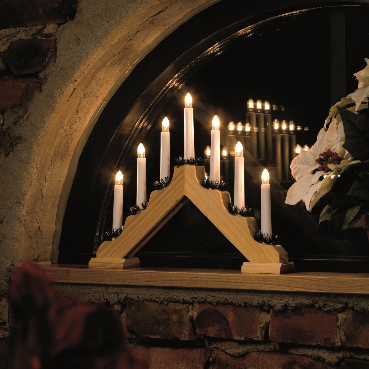 Natural Wooden Candlestick Lit Window Arch