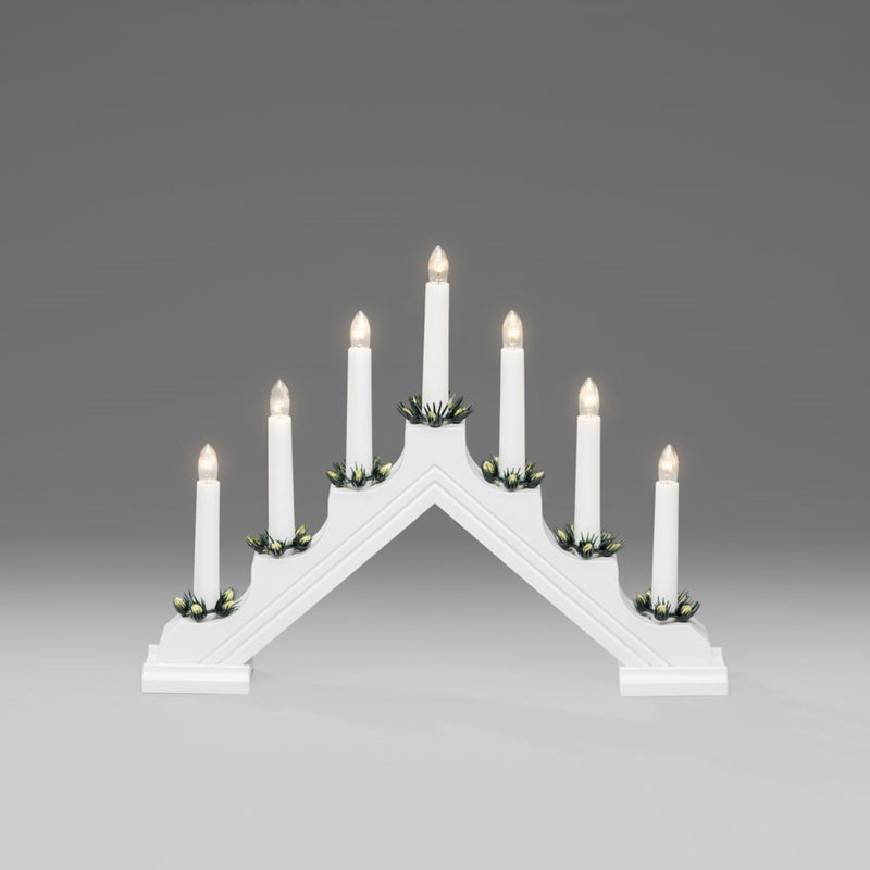 White Wooden Candlestick Lit Window Arch with Pine Decorative Rings