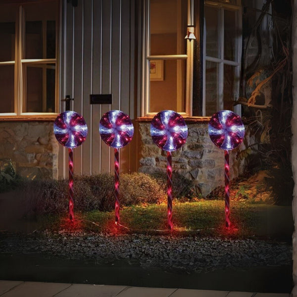 Set of 4 Large Candy Cane Swirls Battery Powered Christmas Pathfinder Stake Lights