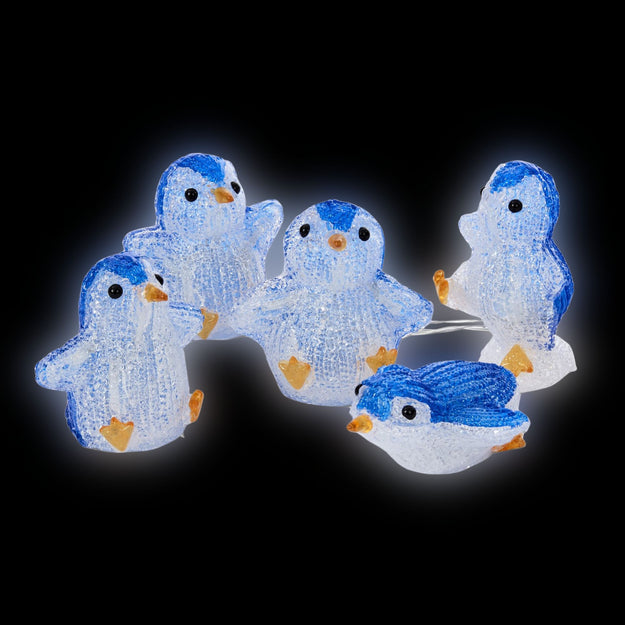 Set of Five Festive Penguins Christmas Acrylic Lights