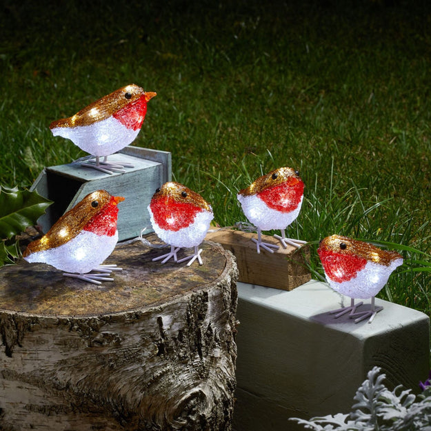 Set of Five Festive Robins Christmas Acrylic Lights