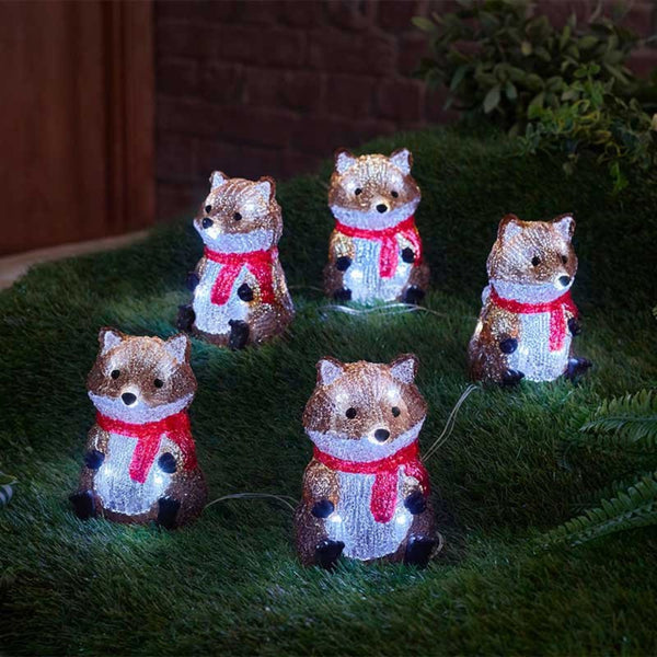 Set of 5 Inlit Cute Acrylic Ice Foxes with Red Scarves