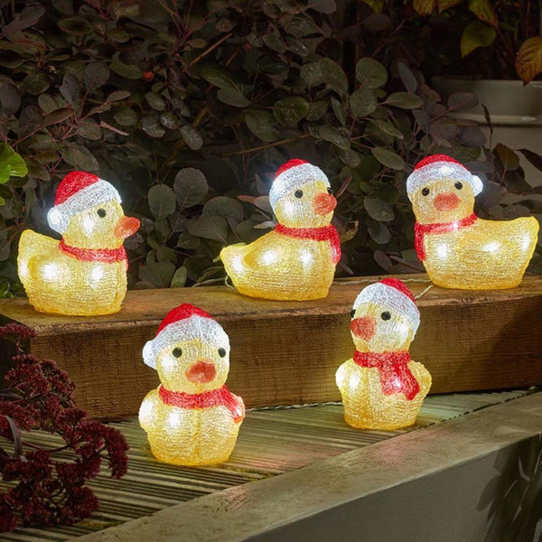 Set of 5 Inlit Acrylic Yellow Ducks with Santa Hats
