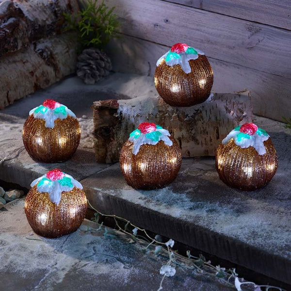 Set of 5 Inlit Christmas Puddings with Ice White LEDs