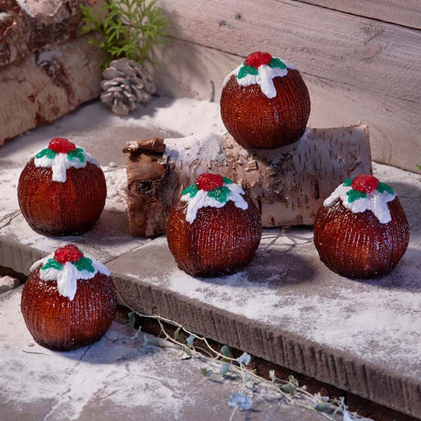 Set of 5 Inlit Christmas Puddings with Ice White LEDs