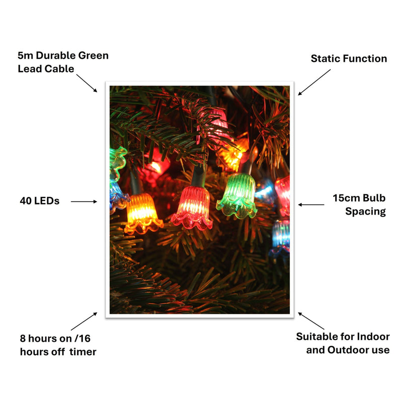 40 LED Canterbury Bell Multi Coloured Retro Christmas Lights