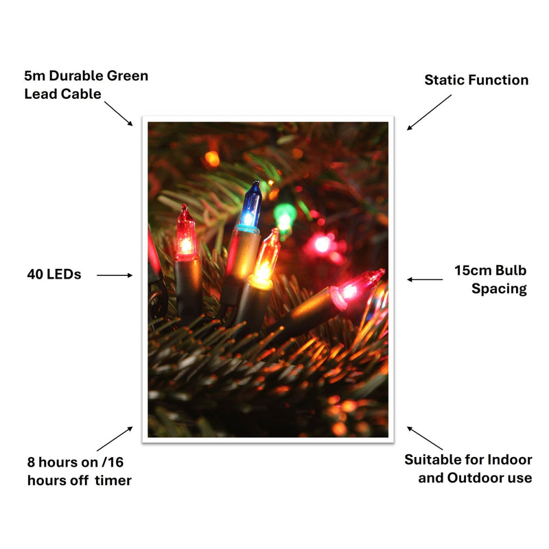 40 LED Multi Coloured Classic Retro Fairy Christmas Lights