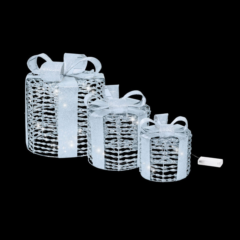 Set of 3 Silver Glitter Twist LED Christmas Presents
