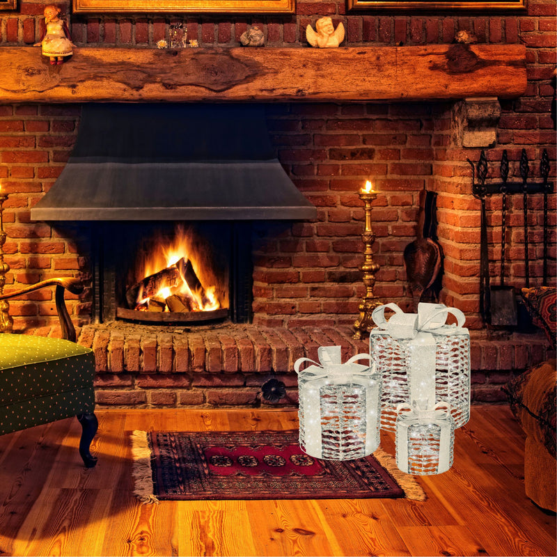 Set of 3 Silver Glitter Twist LED Christmas Presents