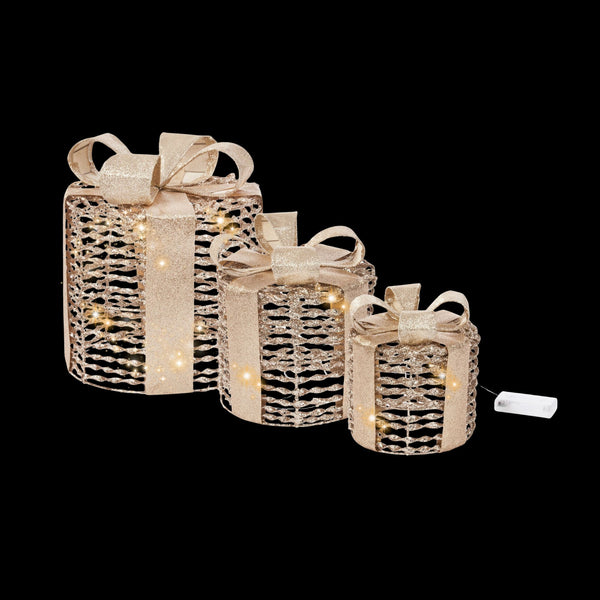 Set of 3 Gold Glitter Twist LED Christmas Presents
