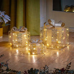Set of Three Gold Weave Pre Lit Presents