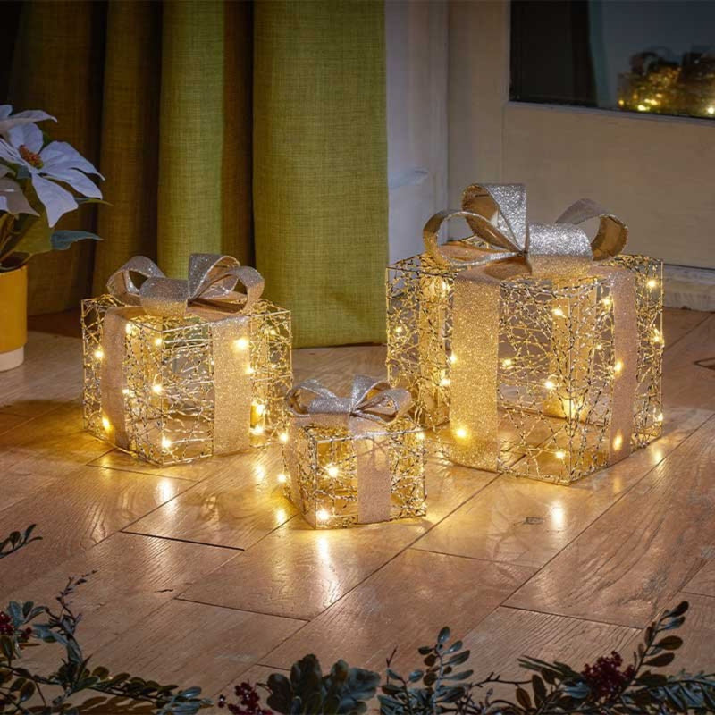 Set of Three Gold Weave Pre Lit Presents