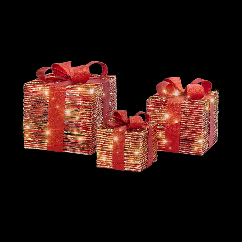 Set of 3 Red and Gold Twist LED Christmas Presents