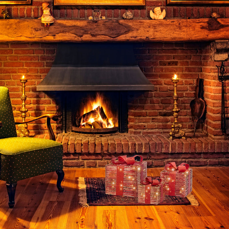 Set of 3 Red and Gold Twist LED Christmas Presents