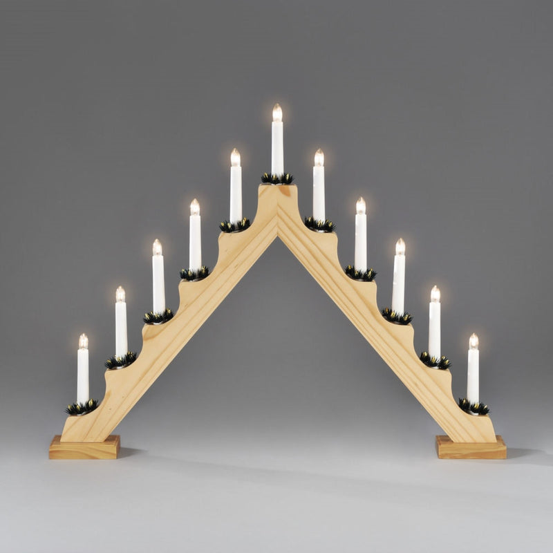 Natural 11 Bulb Wooden Candlestick Lit Window Arch