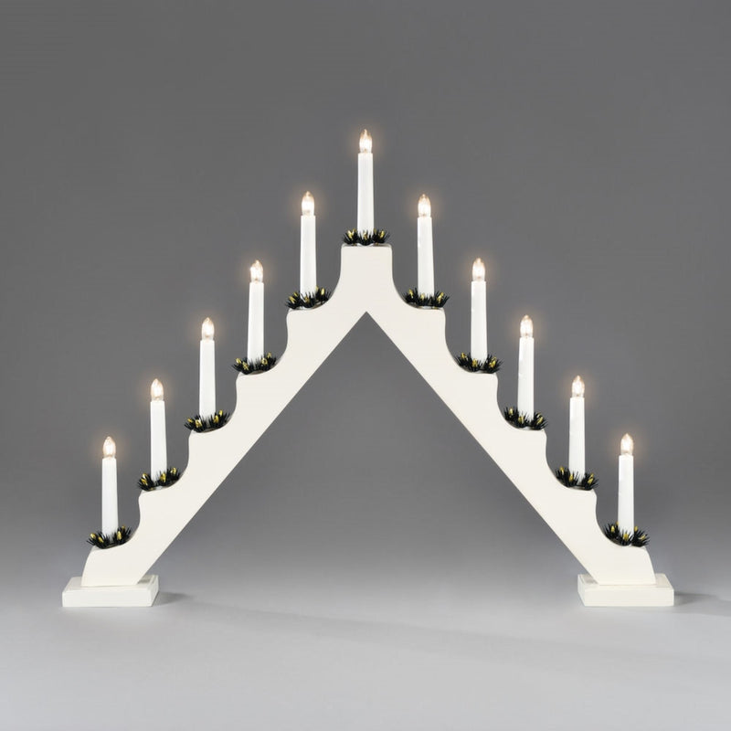 White 11 Bulb Wooden Candlestick Lit Window Arch