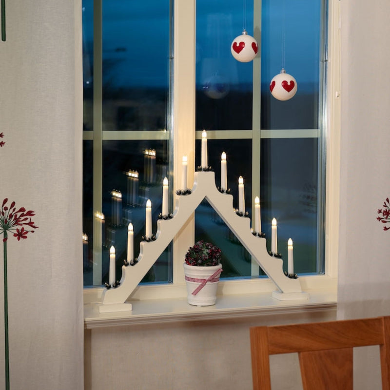 White 11 Bulb Wooden Candlestick Lit Window Arch