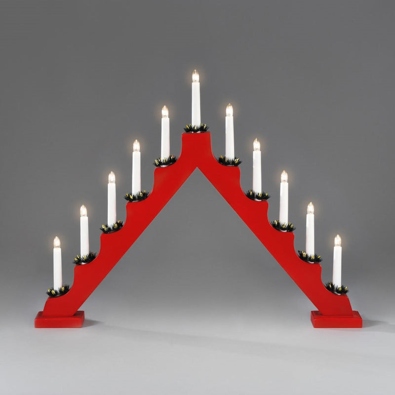 Red 11 Bulb Wooden Candlestick Lit Window Arch