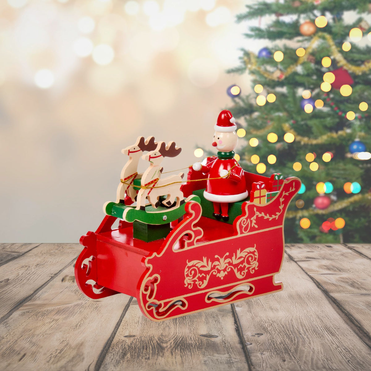16cm Traditional Santa's Sleigh Musical and Animated Wooden Scene