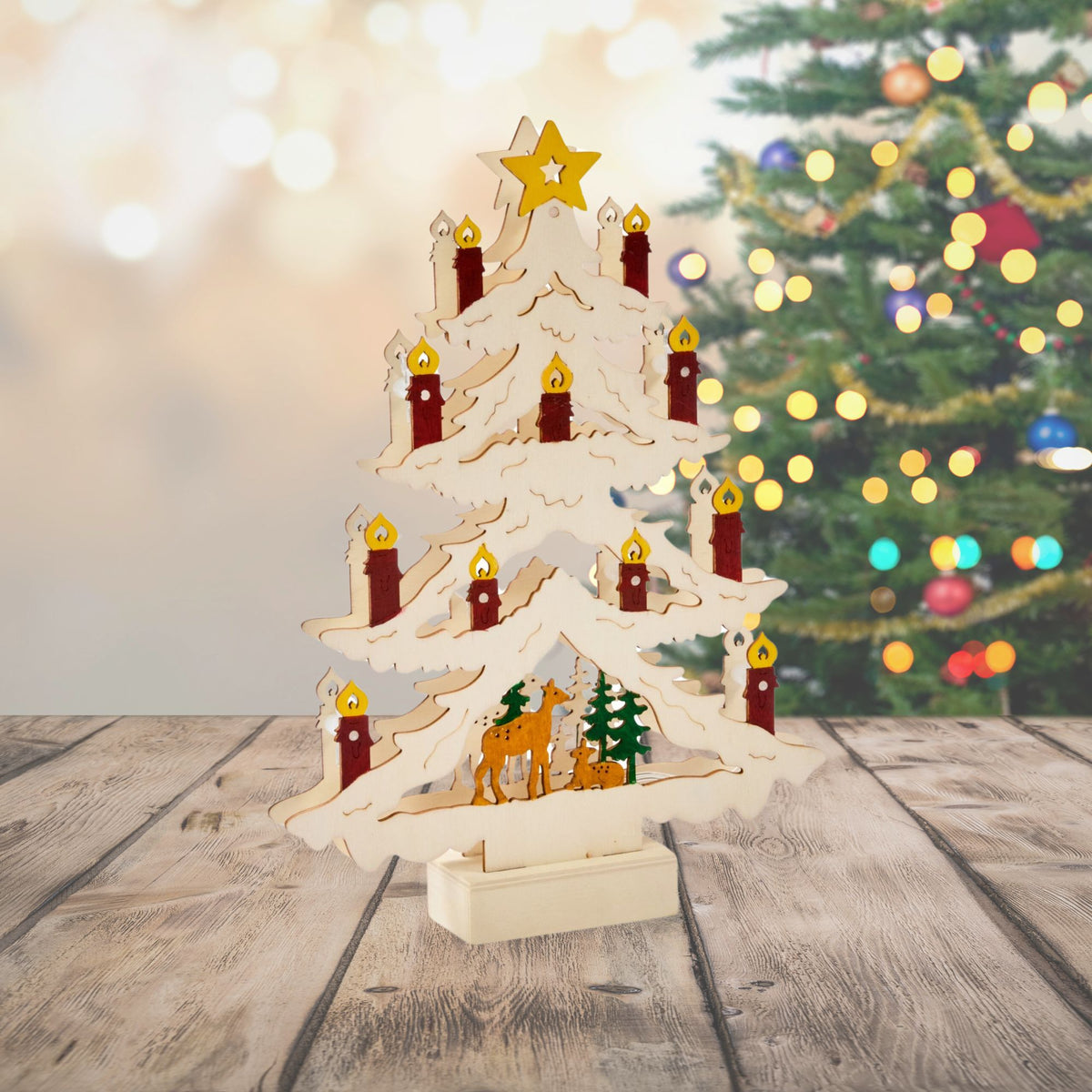 30cm Festive In Lit Wooden Candle Tree Christmas Scene