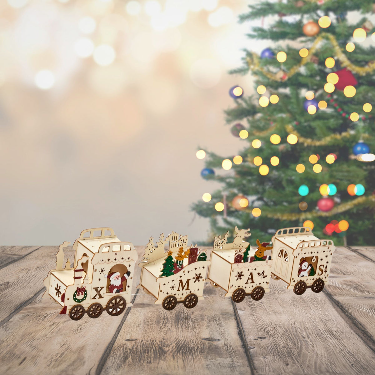 Santa's Express Festive In Lit Wooden Train Christmas Scene