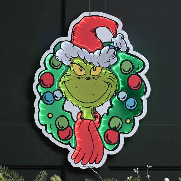 40cm Grinch Wearing Santa Hat Infinity Light & Christmas Wreath
