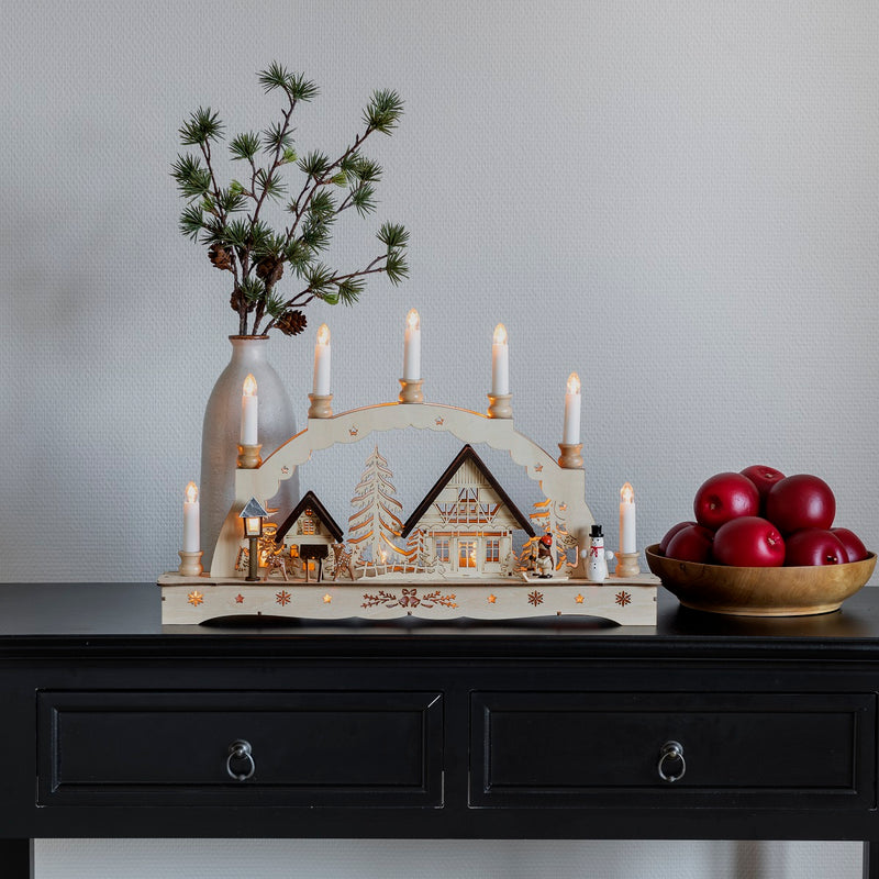 Wooden Christmas Silhouette with 7 Lit Candles
