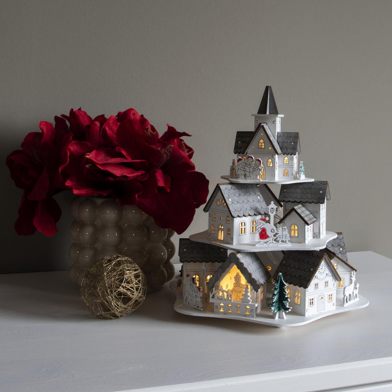 Wooden Christmas Village Scene with 10 Warm White LED's