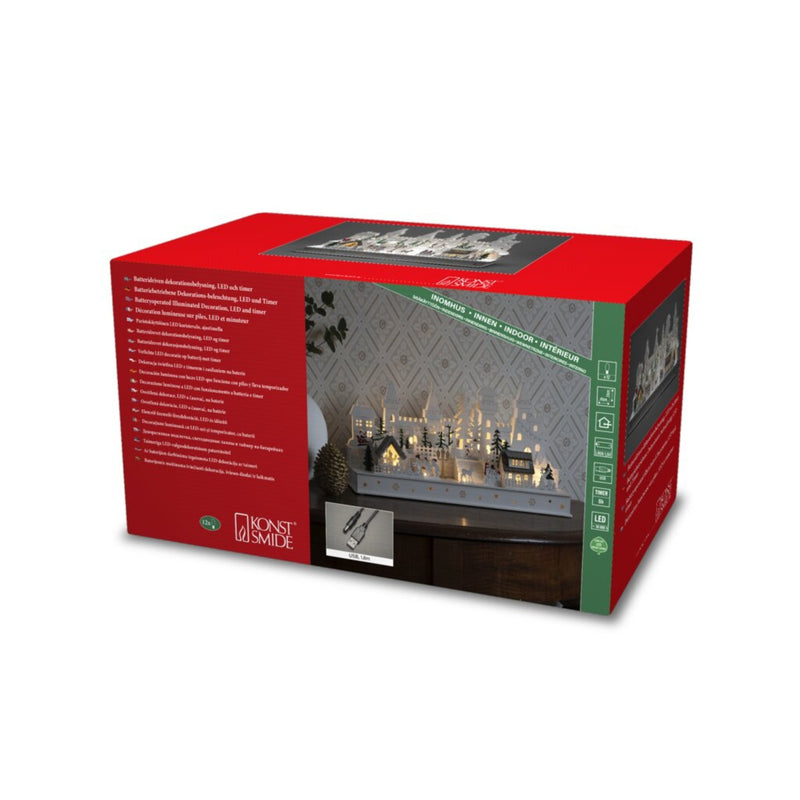 23cm White Castle Scene Wooden LED Lit Village Scene