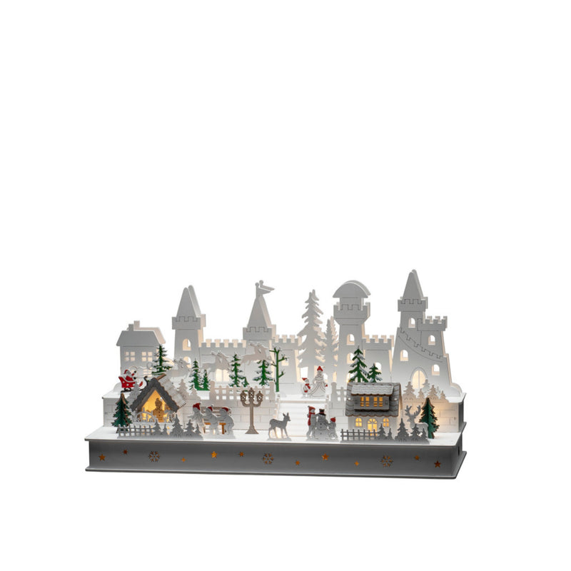 23cm White Castle Scene Wooden LED Lit Village Scene