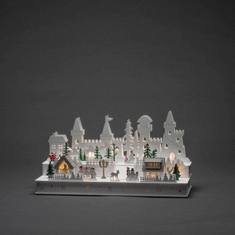 23cm White Castle Scene Wooden LED Lit Village Scene
