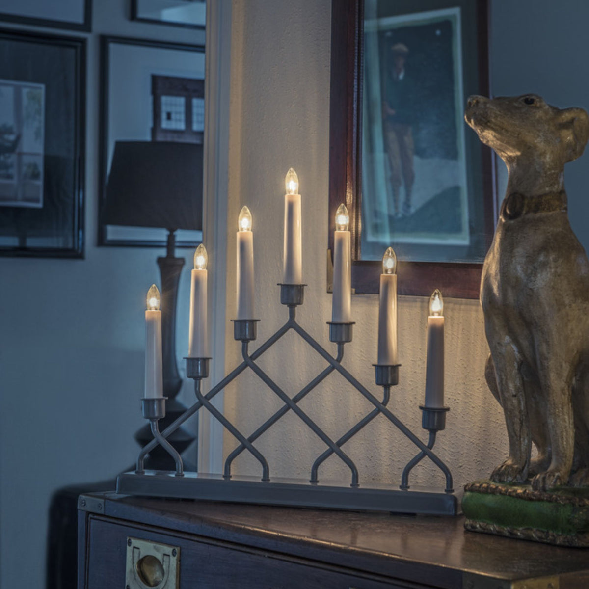 Grey Lattice Arch Candlestick Bridge with 7 LED Lights