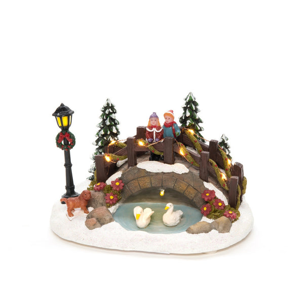 18cm Festive Bridge Over Pond Fibre Optic Christmas Scene