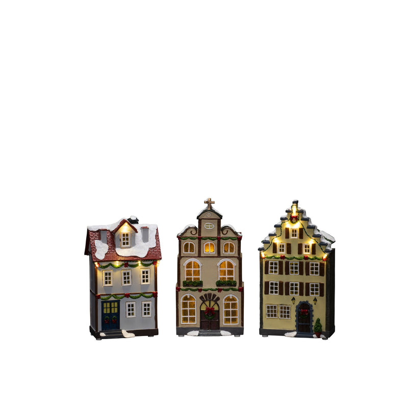 Set of Three Small Houses Lit with LED Lights