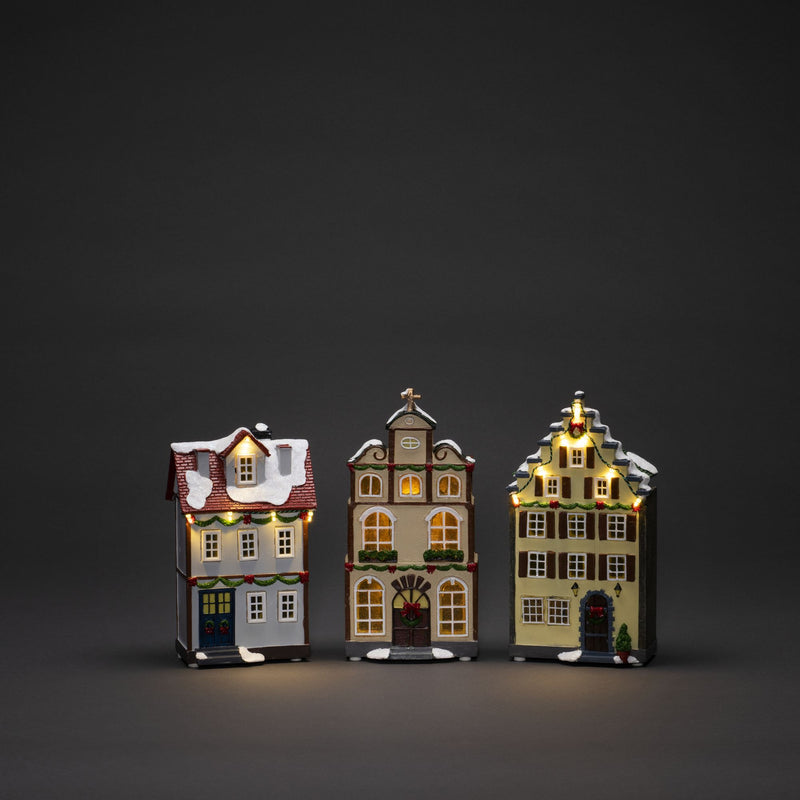 Set of Three Small Houses Lit with LED Lights