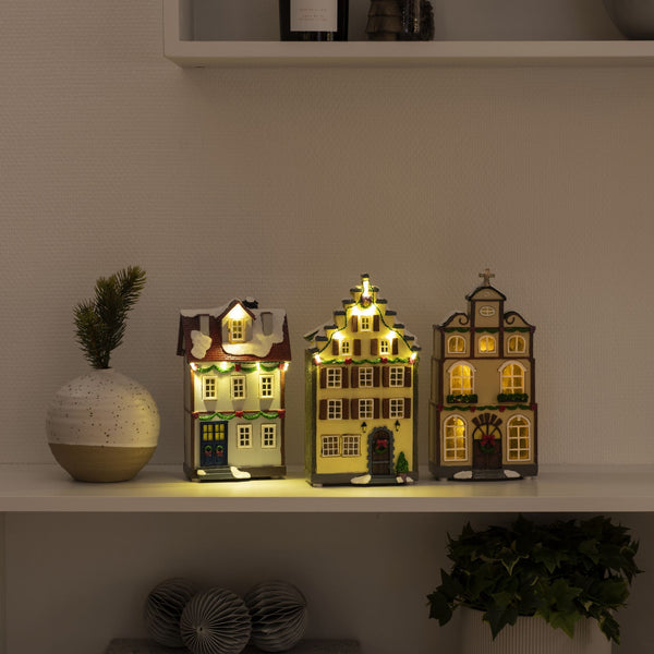 Set of Three Small Houses Lit with LED Lights