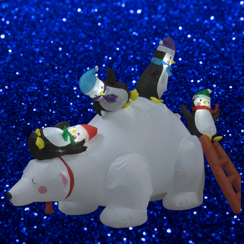1.8m Inflatable Polar Bear with Festive Playing Penguins