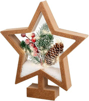 Wooden Framed Star with Snow and LED Christmas Scene