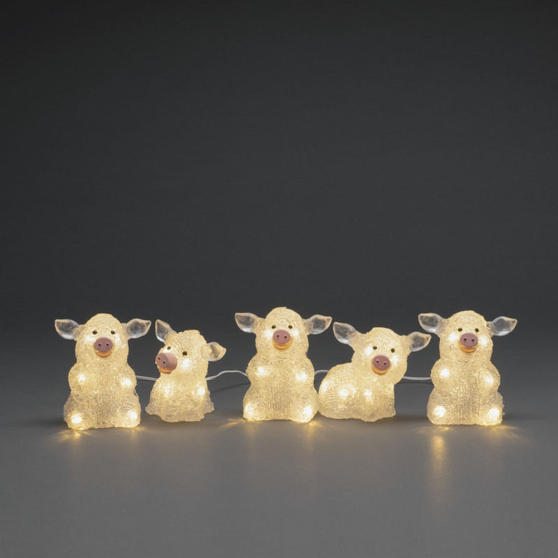 Set of 5 Clear Acrylic Pigs Lit with 40 Warm White LEDs