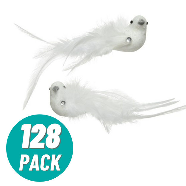 128 White Clip On Birds with Feathers Christmas Tree Decoration Commercial Pack