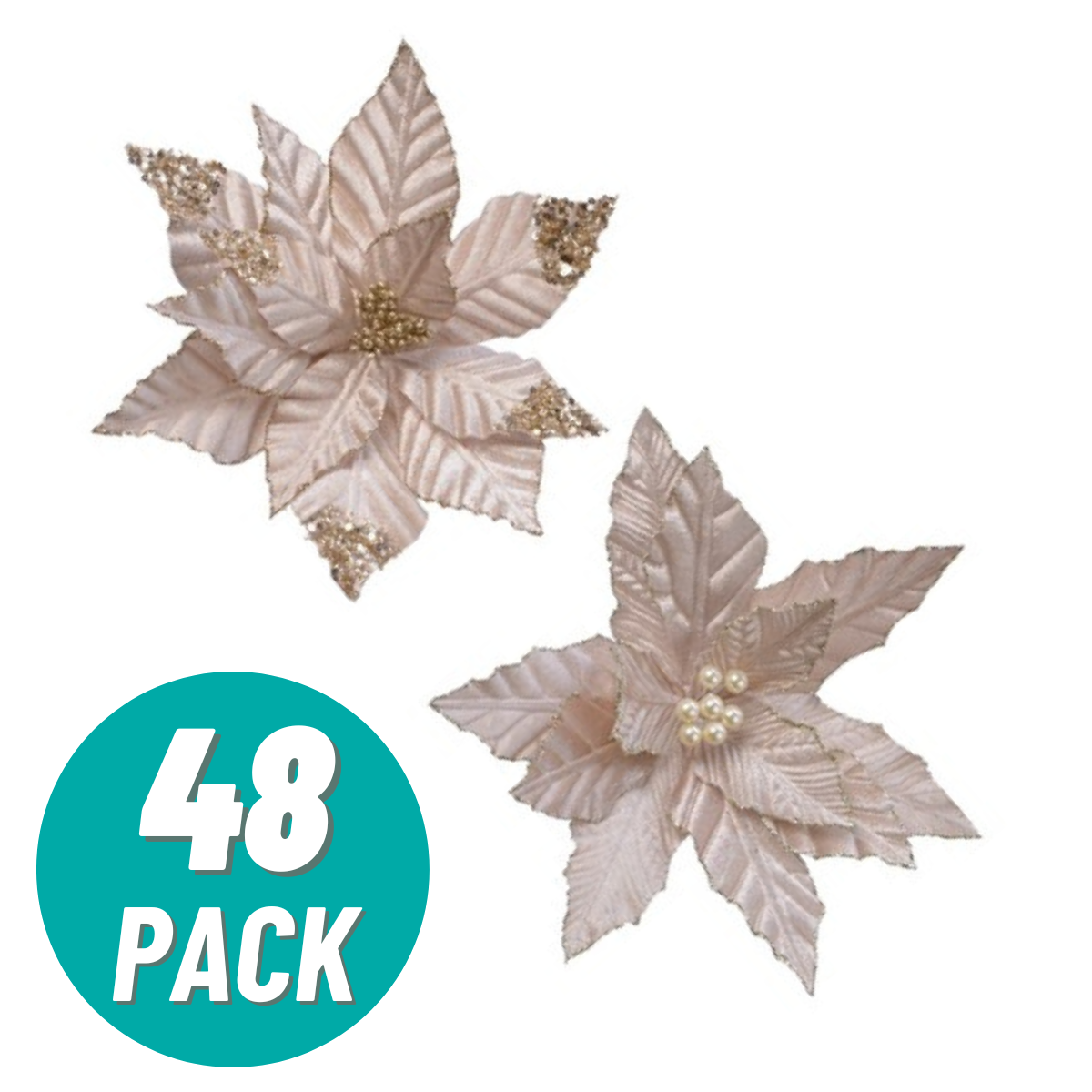 48 Champagne Gold Glitter Poinsettia Flower Clip On Christmas Tree Decorations Commercial Pack