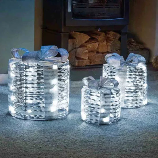 Set of 3 Silver Glitter Twist LED Christmas Presents