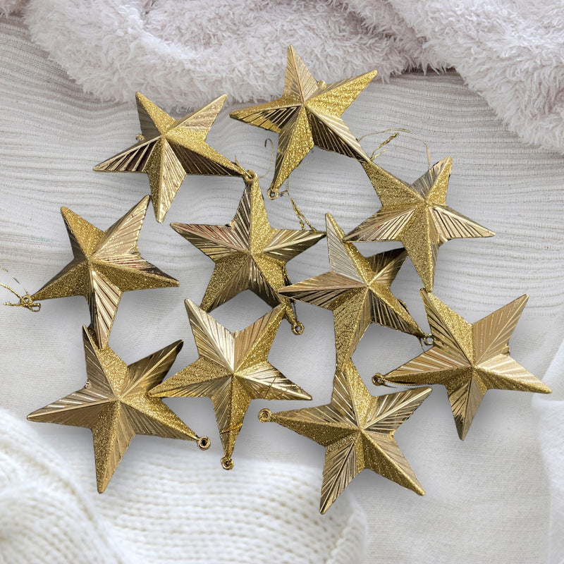 Pack of 10 Gold Glitter Shatterproof Christmas Tree Star Decoration