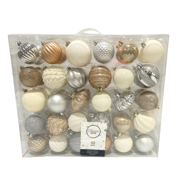 Set of 60 Butterscotch, White and Silver Christmas Tree Baubles