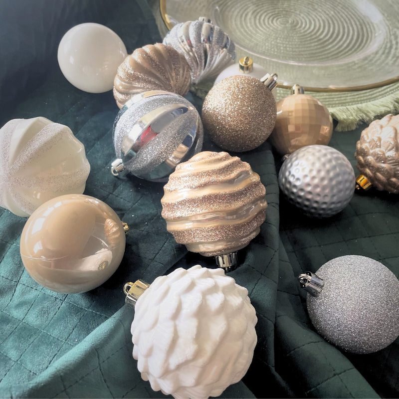 Set of 60 Butterscotch, White and Silver Christmas Tree Baubles