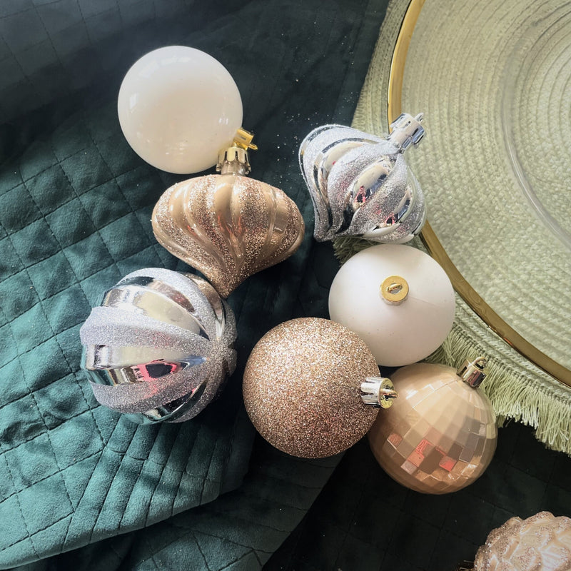Set of 60 Butterscotch, White and Silver Christmas Tree Baubles